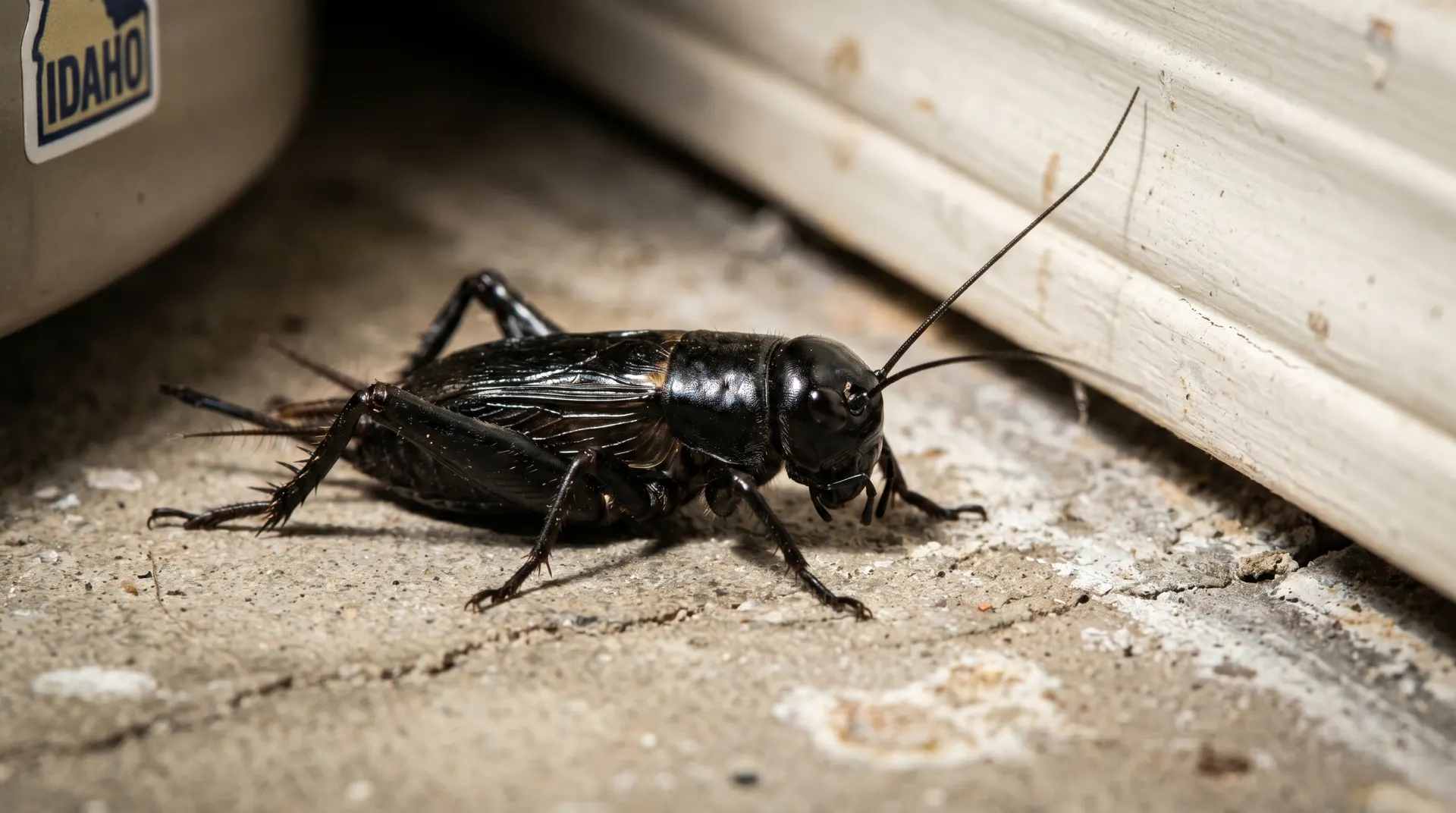 Field cricket on a concrete basement floor in a Boise Idaho home
