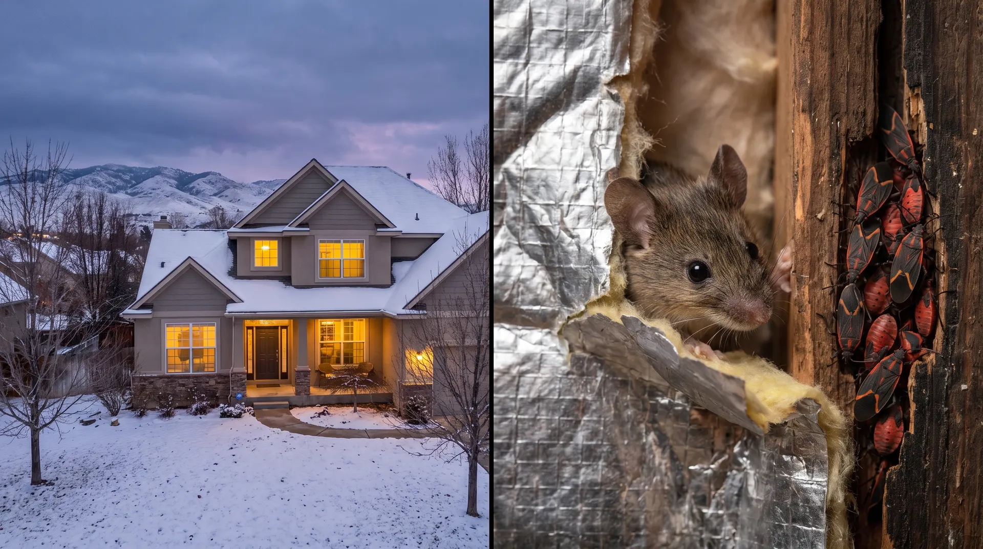 Frozen Boise home exterior in January with snow on the eaves and foothills in the background, macro overlay showing where overwintering pests hide in walls and under bark