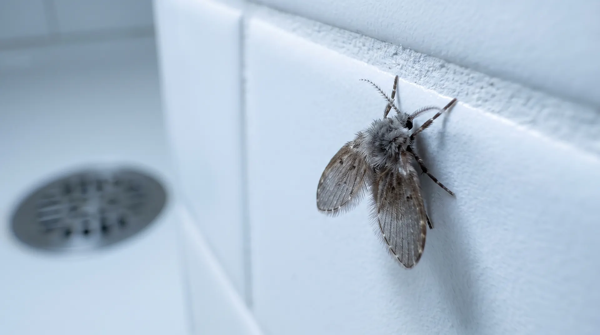 Close-up of a fuzzy gray-brown drain fly (moth fly) resting on the white tile wall of a Boise bathroom near the shower drain