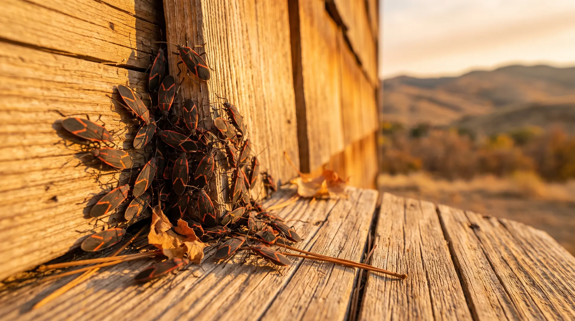 Box elder bugs on a sunlit Boise Idaho home wall in early fall, showing the peak of Treasure Valley's fall pest invasion