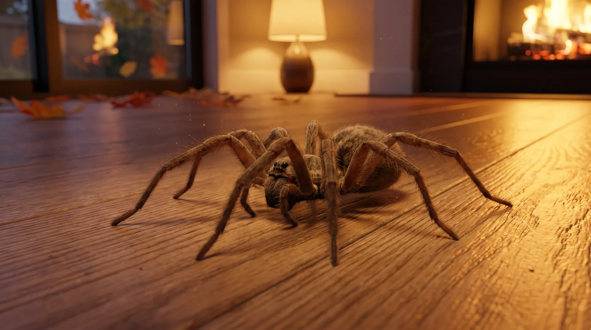 Large hobo spider crossing a wood floor in a Boise home at dusk during fall spider mating season