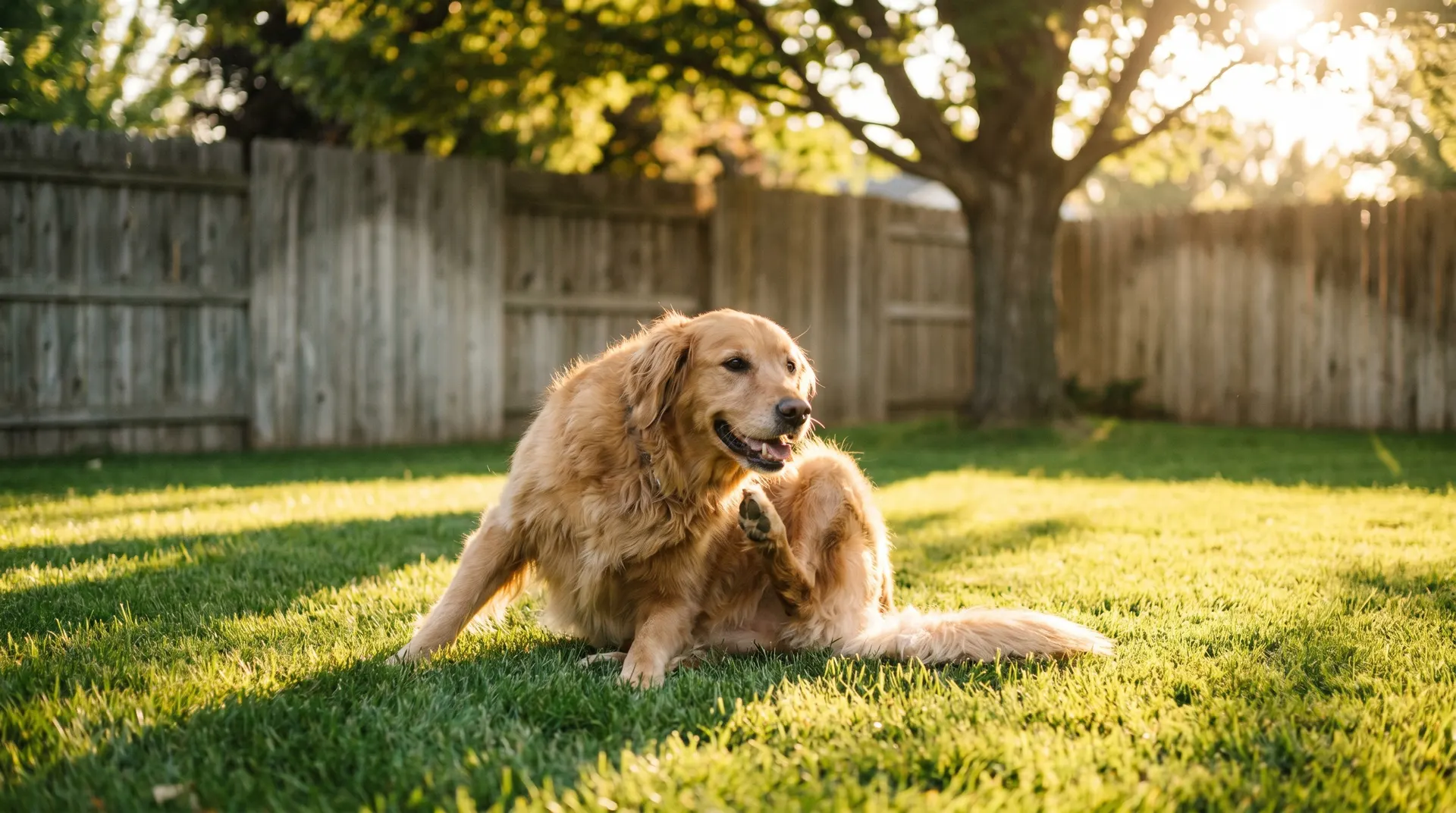Small dog scratching for fleas on a green Boise Idaho backyard lawn in summer sunlight