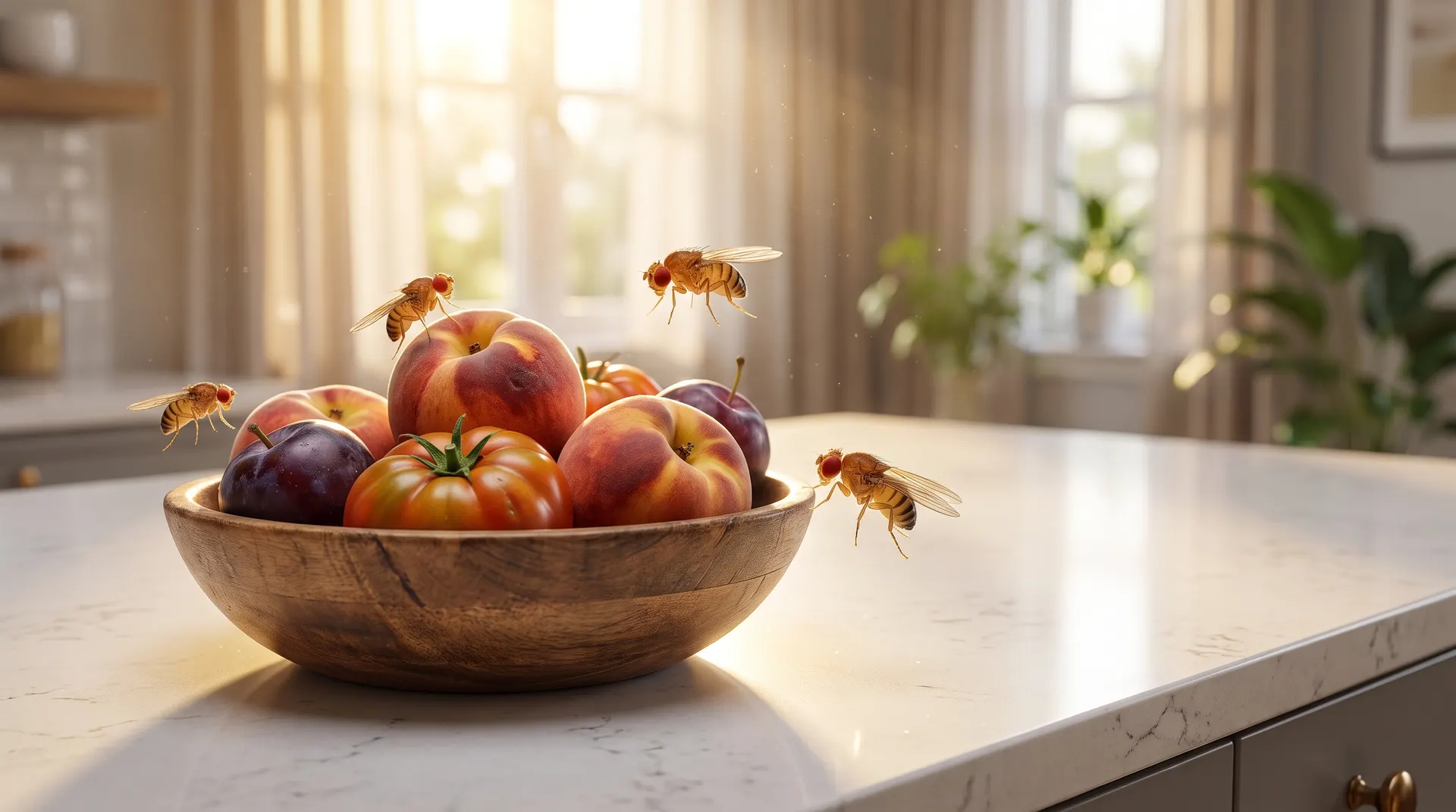 Close-up of common fruit flies (Drosophila melanogaster) hovering over a bowl of ripe peaches and tomatoes on a Boise kitchen counter in mid-summer