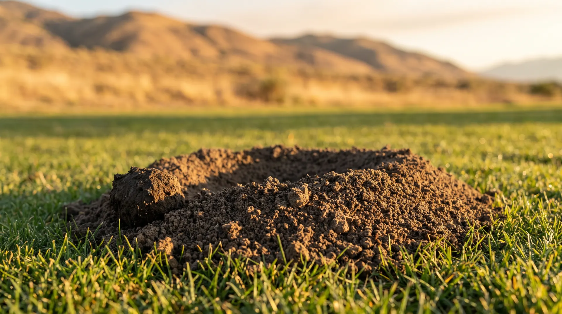 Fan-shaped pocket gopher mound with plugged entry hole on a Boise foothills lawn in July
