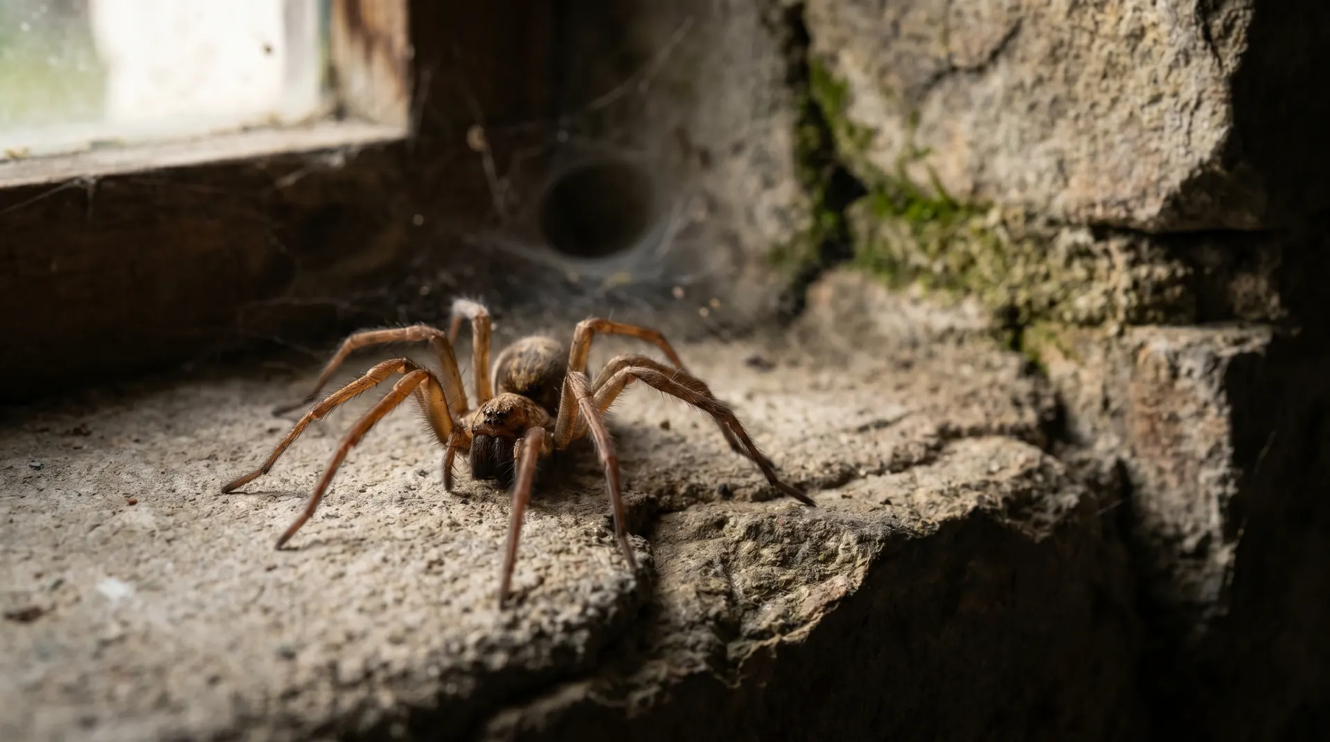 Close-up of a brown hobo spider on a wooden surface near a foundation crack in an Idaho home