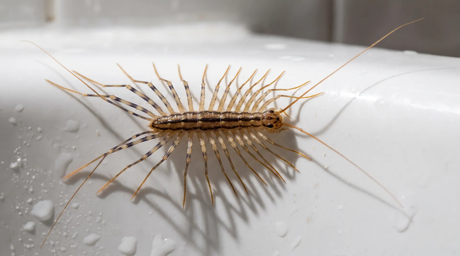 Close-up of a house centipede (Scutigera coleoptrata) on a white bathroom tile, illustrating the pest most commonly found indoors in Boise, Idaho homes
