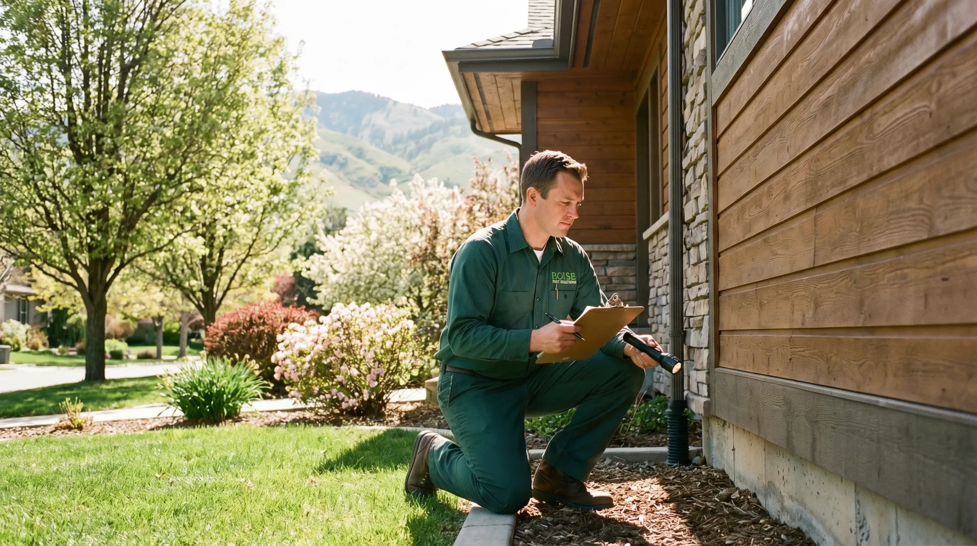 Homeowner reviewing pest control company options at a Boise Idaho home