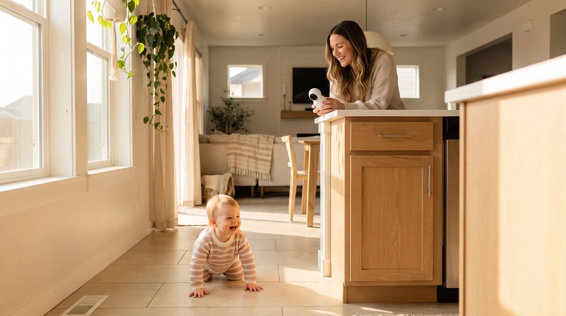 Toddler crawling on clean kitchen floor of a Boise home after kid safe pest control treatment