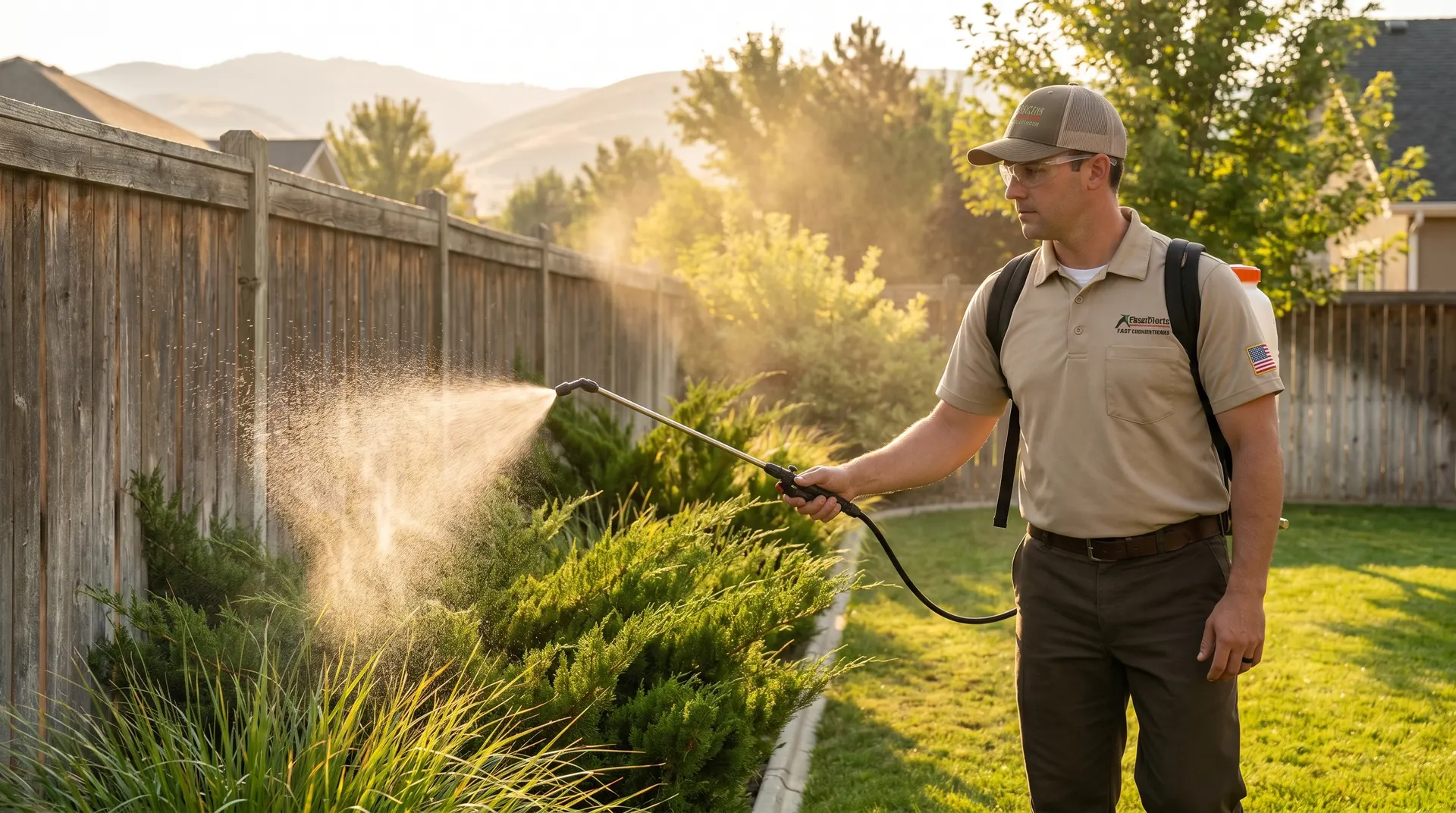 Green Guard technician applying mosquito barrier spray to shrubs along a Boise home's fence line