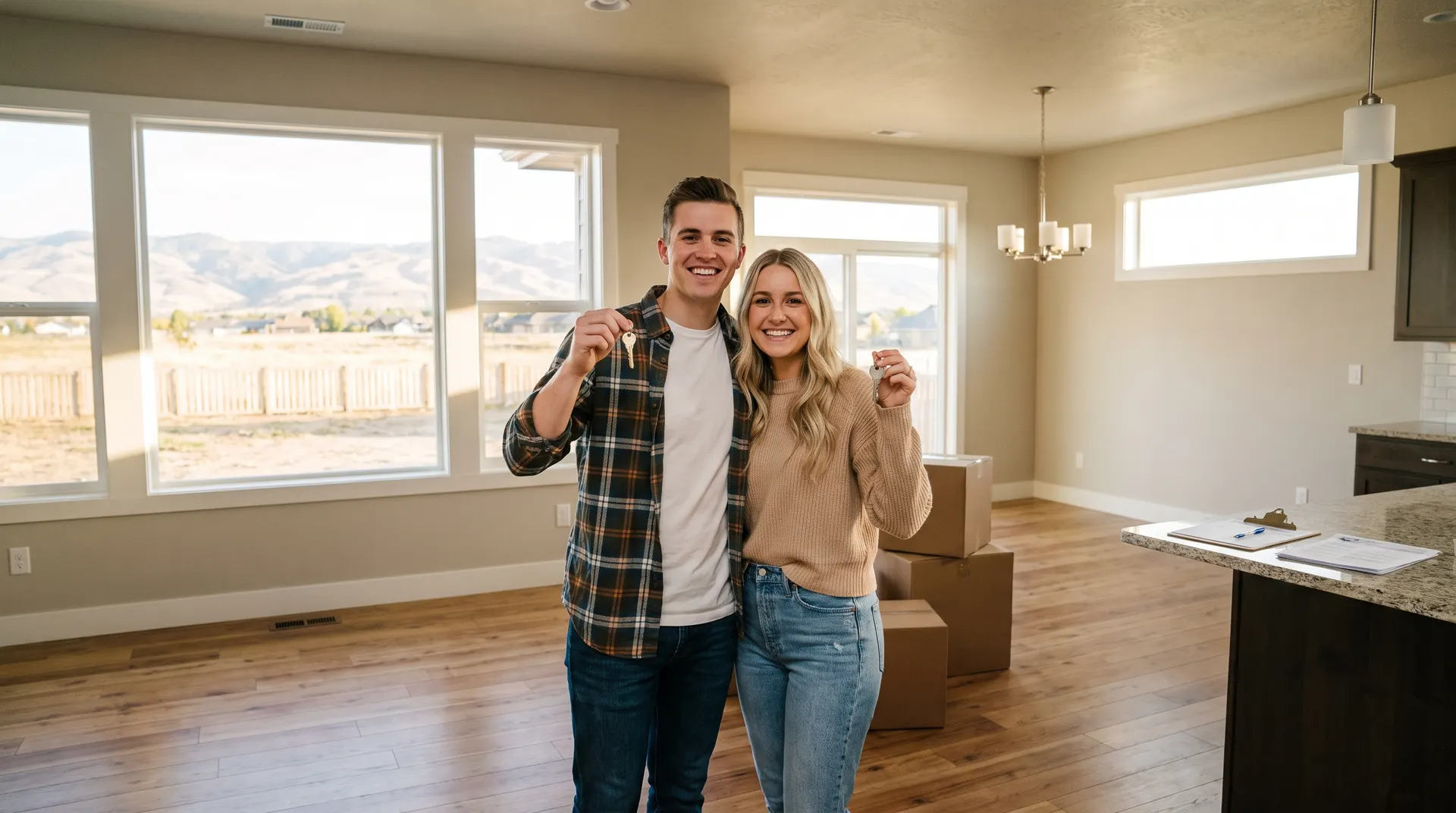 New Boise home at closing with moving boxes and pest inspection checklist