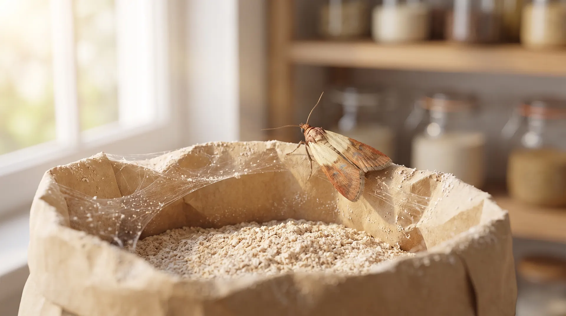 Adult Indian meal moth (pantry moth) with distinctive two-tone copper and cream wings resting on the edge of an open bag of flour in a Boise kitchen pantry