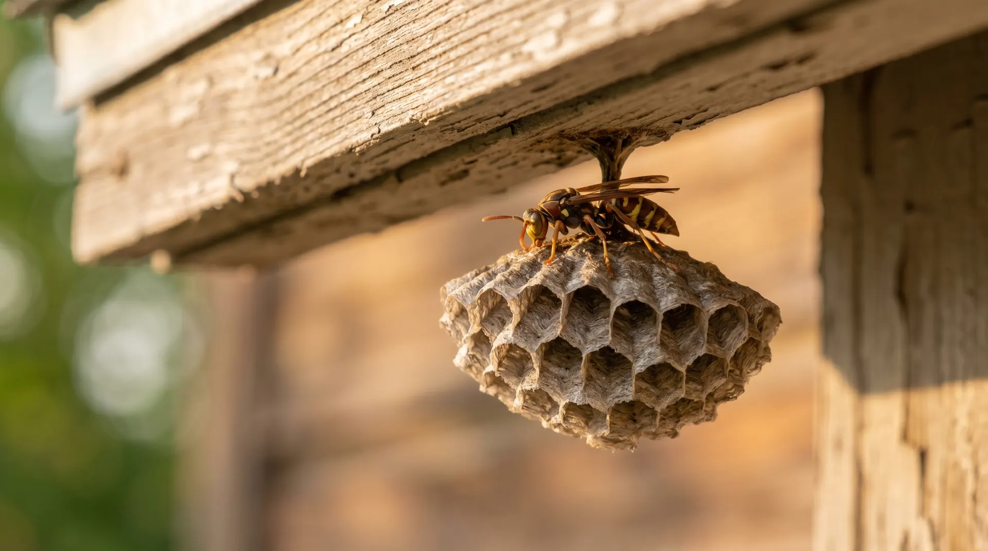 Paper wasp nest under the eave of an Idaho home with the umbrella-shaped open cells visible