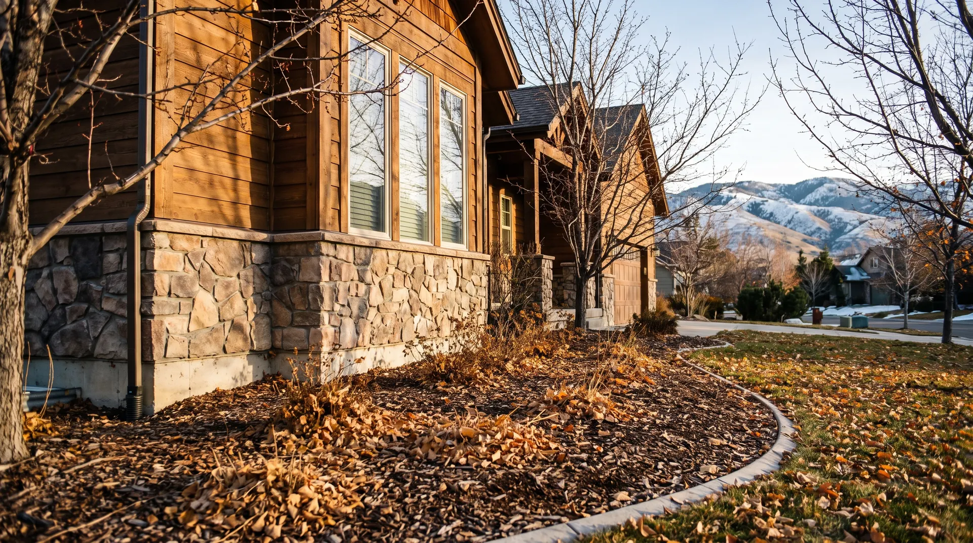 Pest control technician spraying a fall perimeter barrier along the foundation of a Boise home before winter