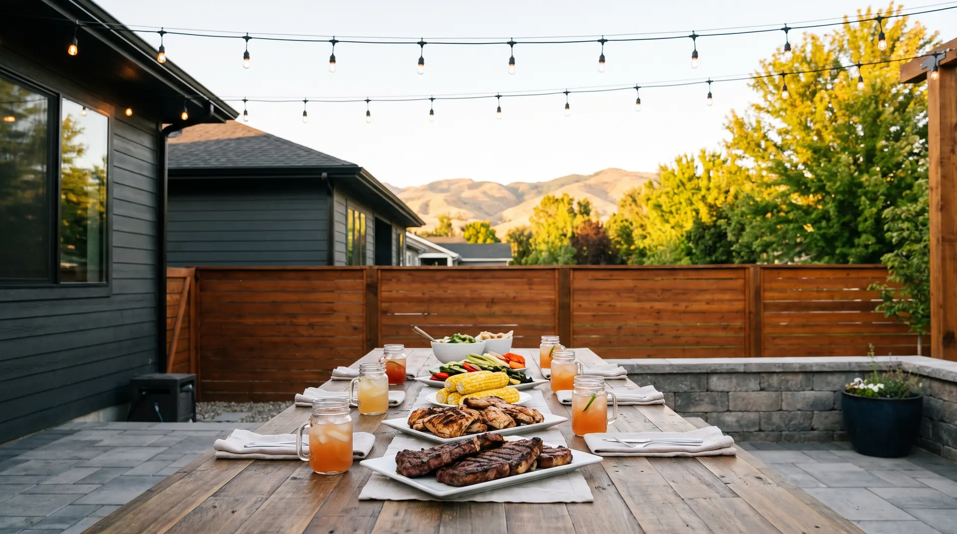 Boise backyard patio set for a summer BBQ with string lights, no wasps or flies in sight
