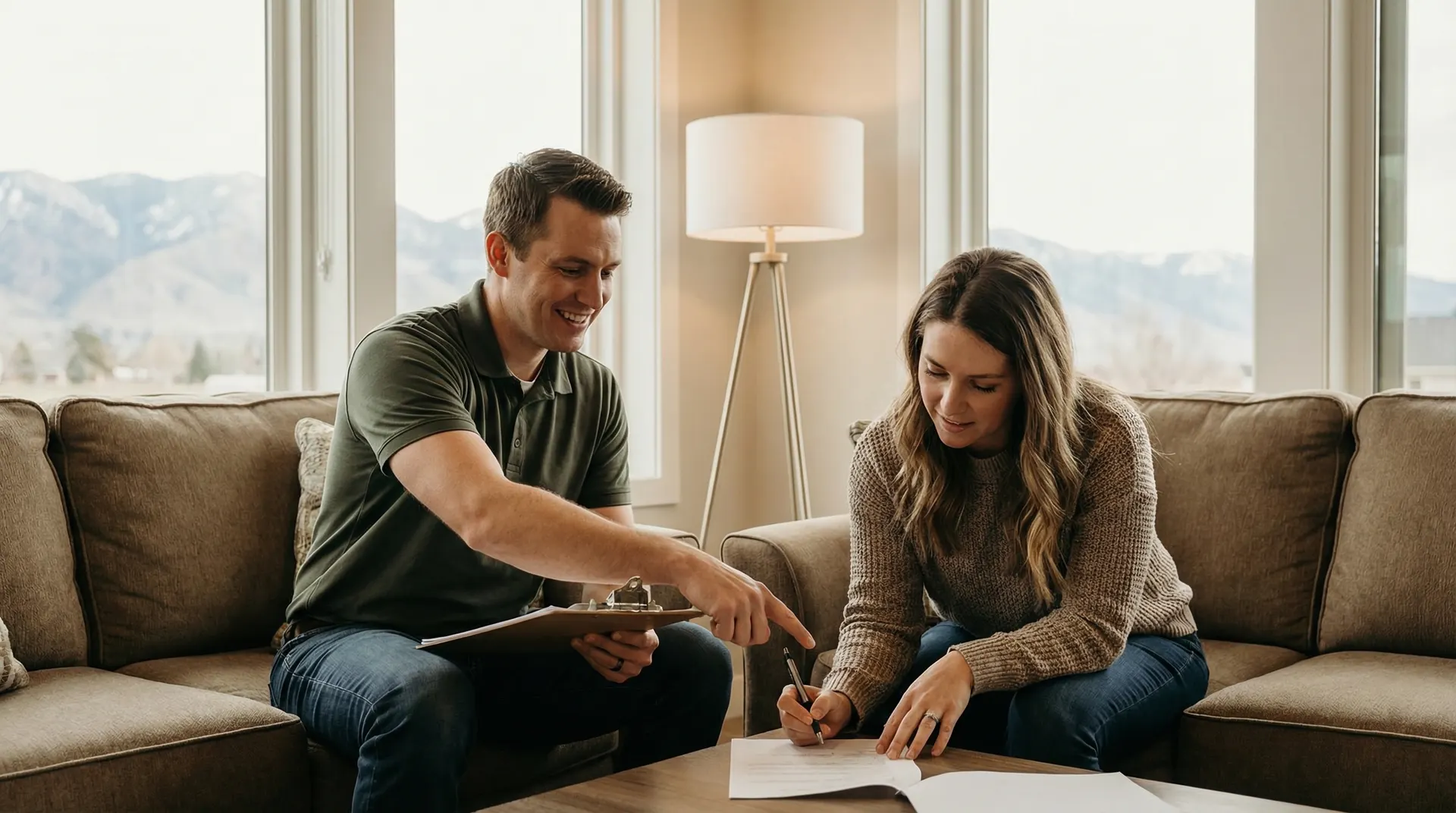 Homeowner discussing pest control with professional exterminator in Idaho