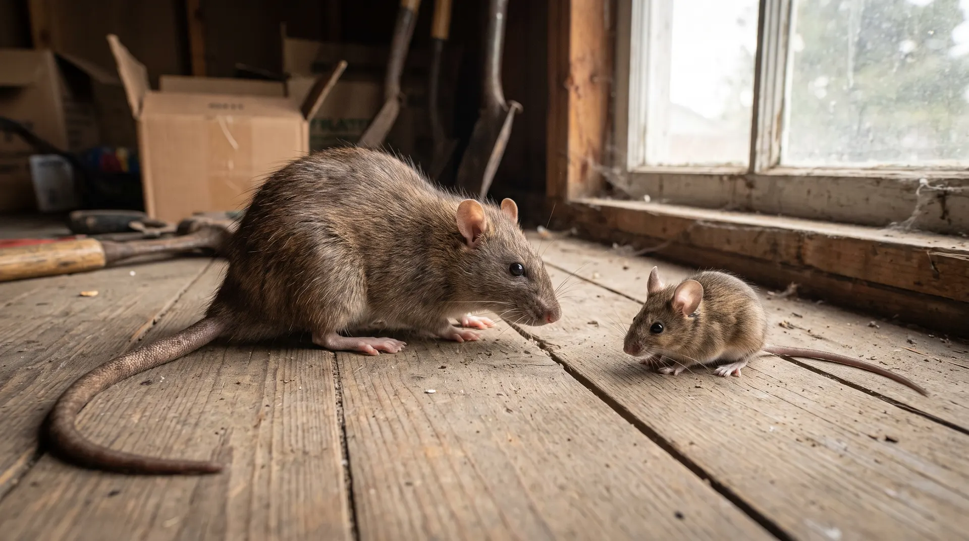 Norway rat and house mouse side by side on a wooden surface for size comparison, Idaho pest identification