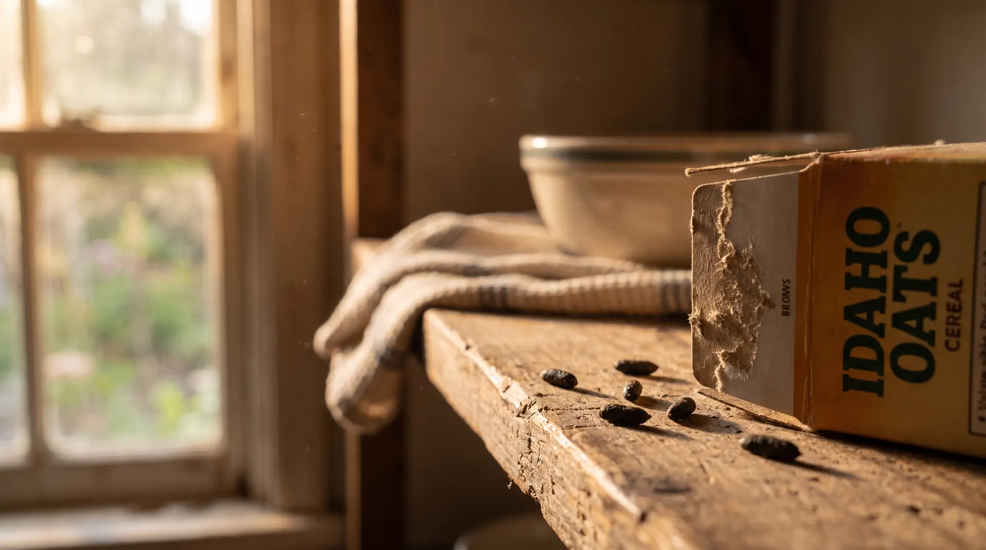 Close-up of small rice-grain mouse droppings on a wooden Boise pantry shelf next to a chewed cereal box, the earliest sign of mice inside an Idaho home