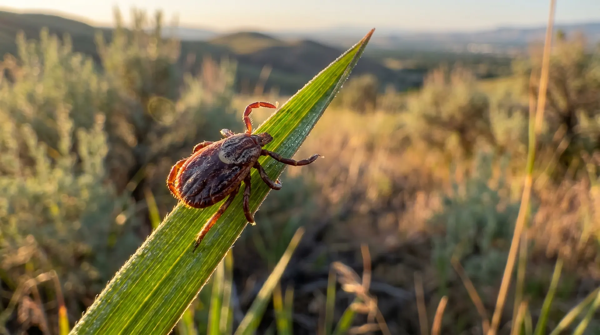 Rocky Mountain wood tick on tall grass in Idaho foothills