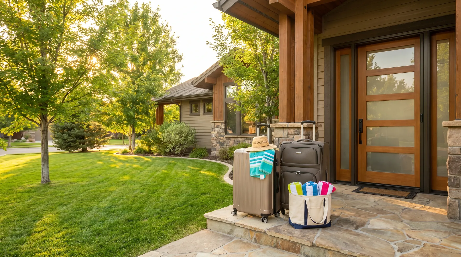 Suitcases by the front door of a Boise home ready for a summer vacation - pest prevention checklist