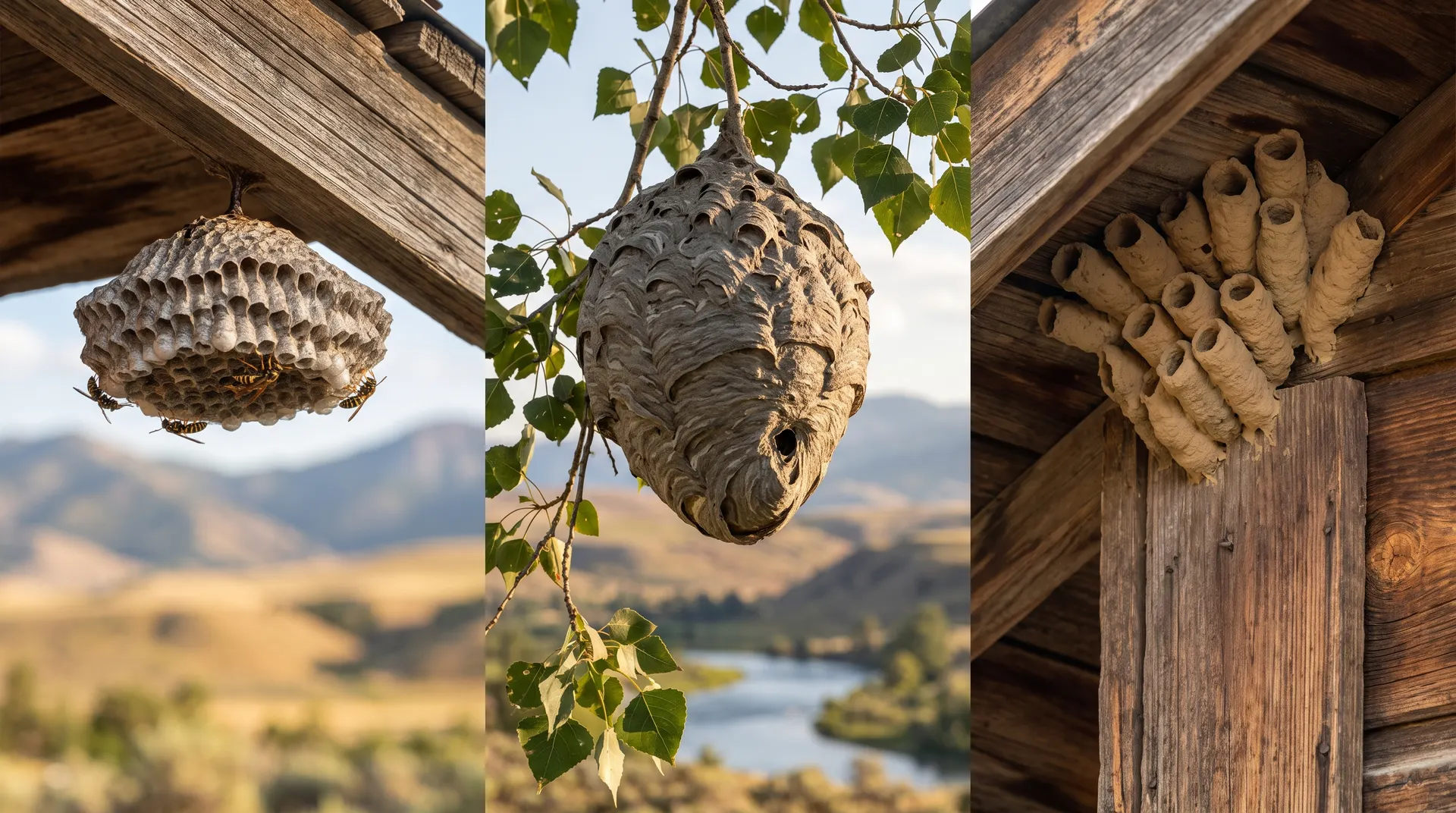 Wasp nest identification chart showing paper wasp, yellow jacket, bald-faced hornet, mud dauber, and European hornet nests found in the Treasure Valley