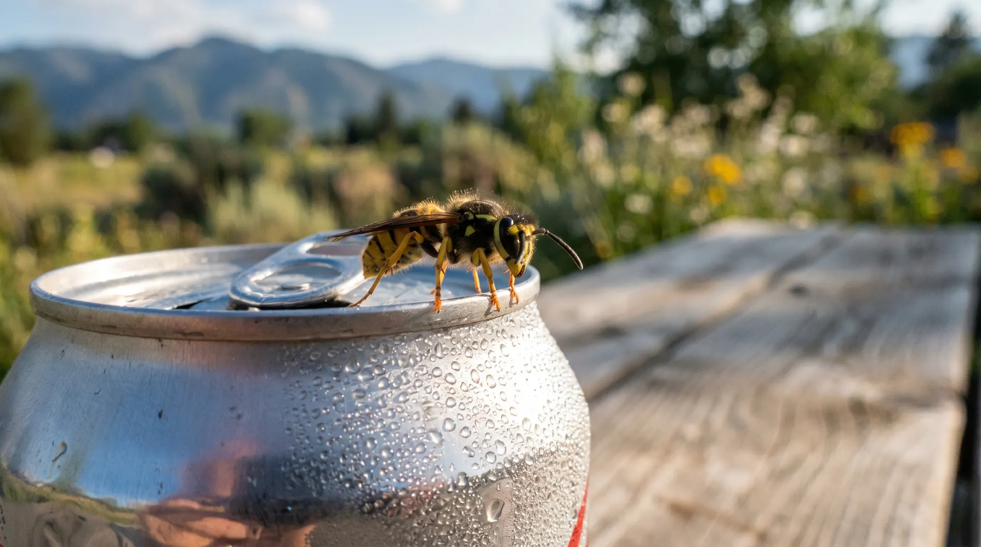 Close-up of a yellow jacket sting on a person's hand with cold compress nearby, illustrating wasp sting first aid in an Idaho backyard