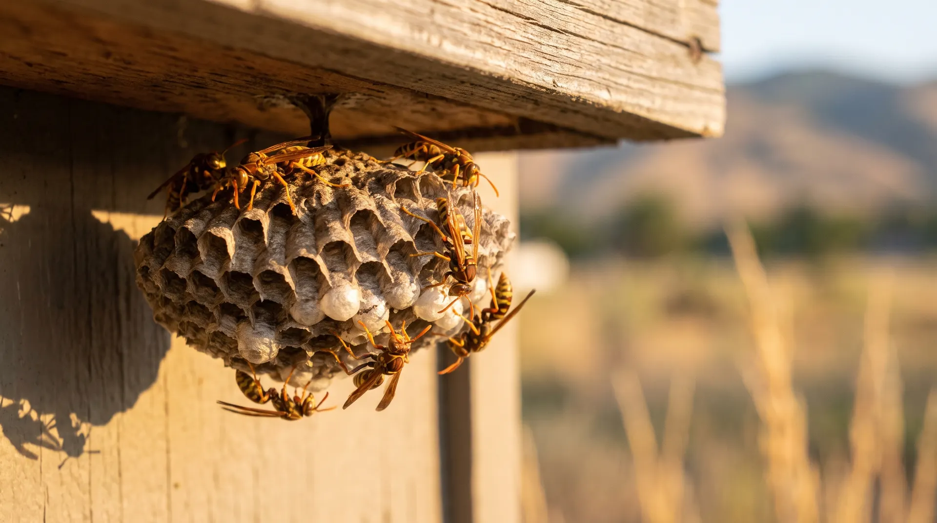 Mature paper wasp nest with workers on a wooden eave of a Boise home in late August, warm afternoon light with Treasure Valley foothills softly out of focus behind
