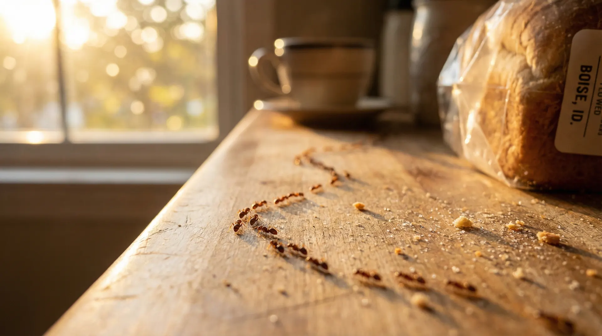 Odorous house ants trailing along a Boise kitchen countertop near a window in spring