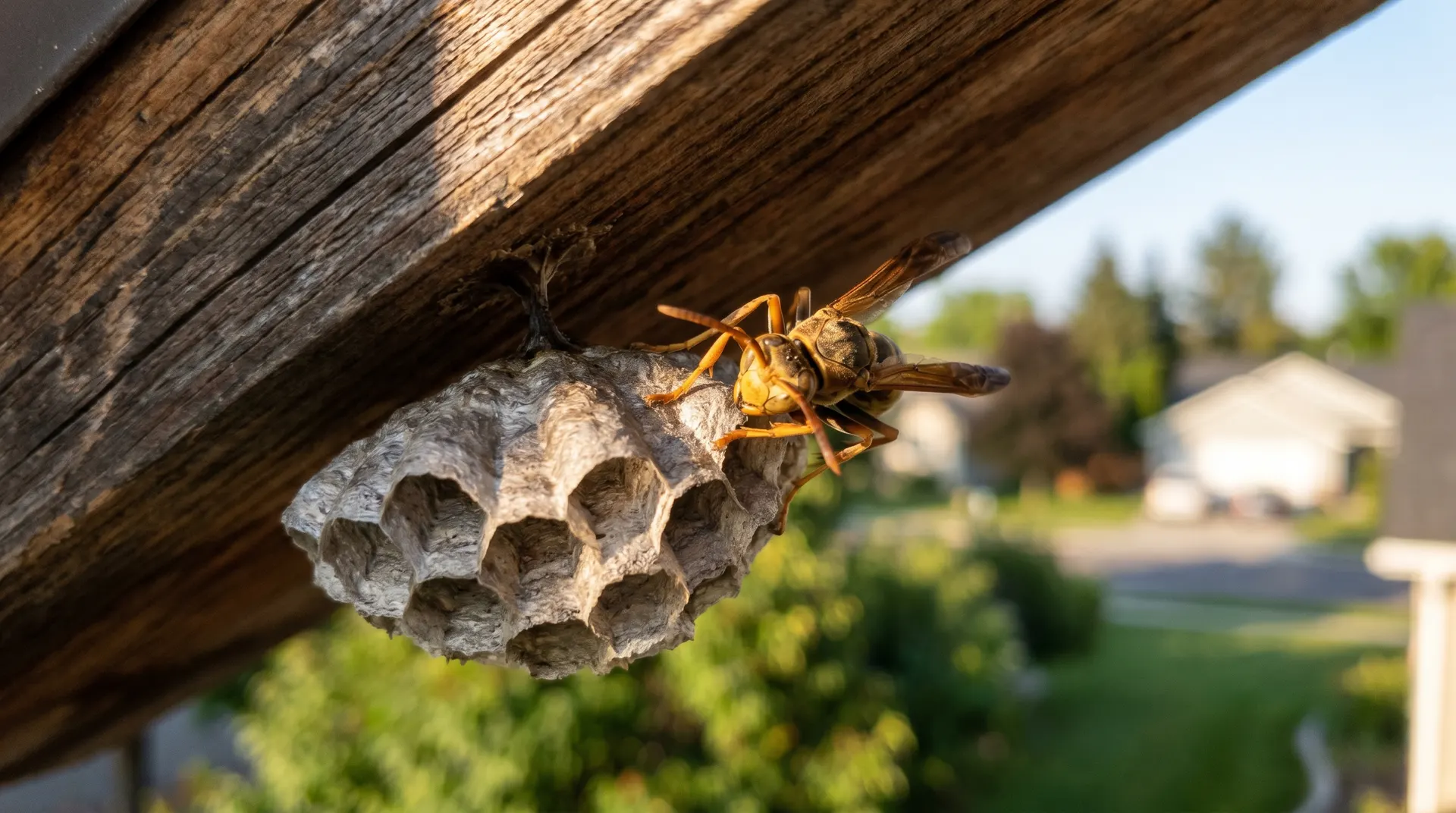 Paper wasp on its gray umbrella-shaped nest under a Boise home eave during peak summer wasp season