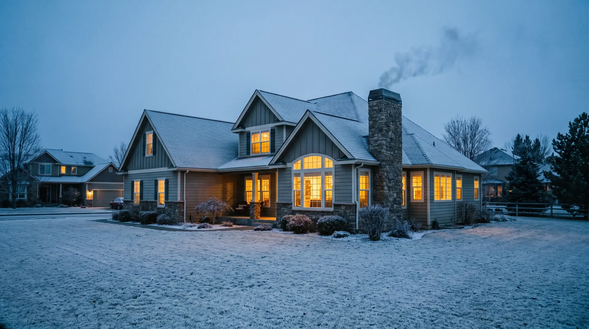 Snowy Idaho home before the first freeze, illustrating winter pest control timing in the Treasure Valley