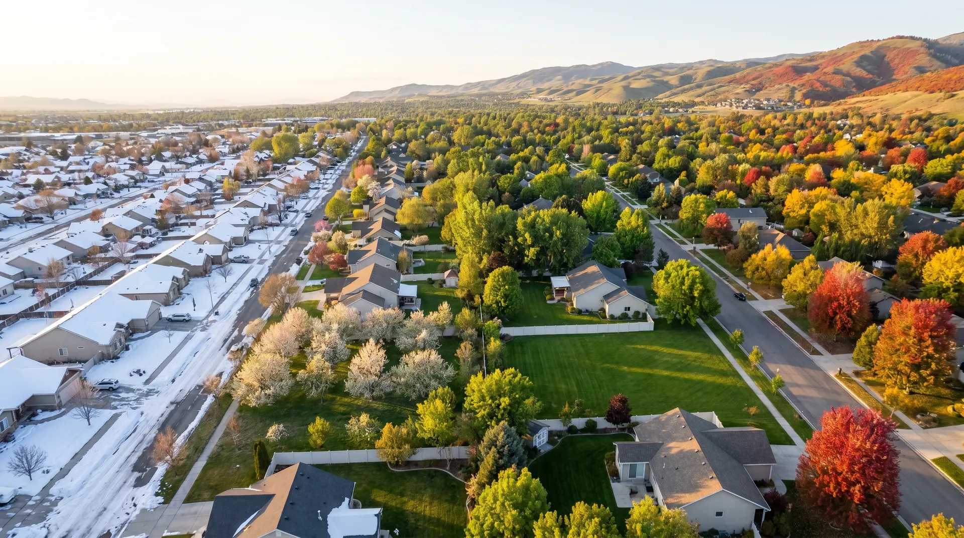 Idaho four seasons landscape with month-by-month pest calendar overlay for Treasure Valley homeowners