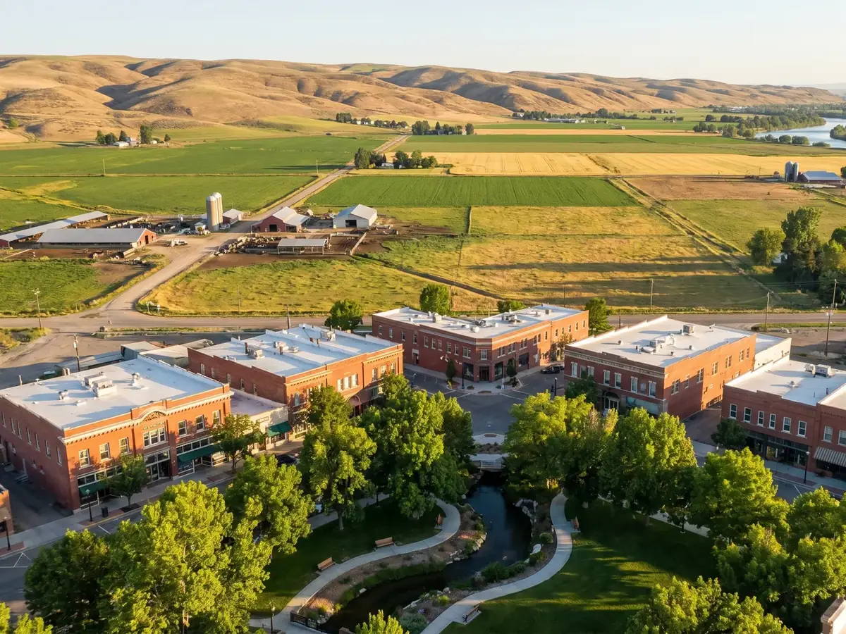 Aerial view of downtown Caldwell with farmland and foothills beyond