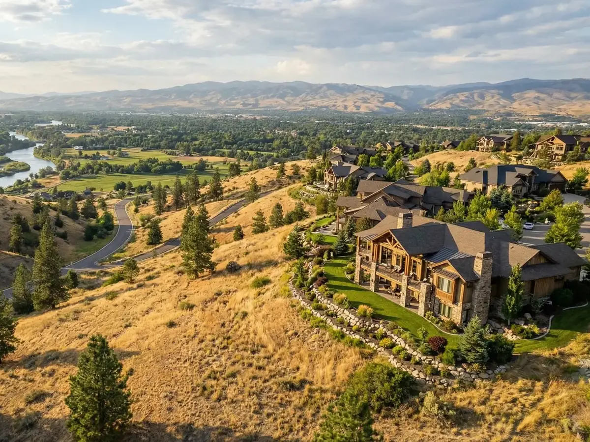Eagle Hills homes on the foothills above the Boise River valley at golden hour