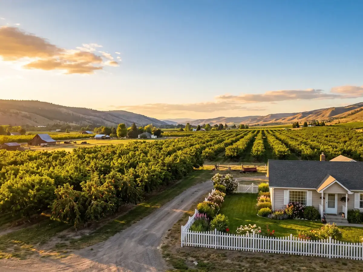An Emmett home beside a fruit orchard at golden hour