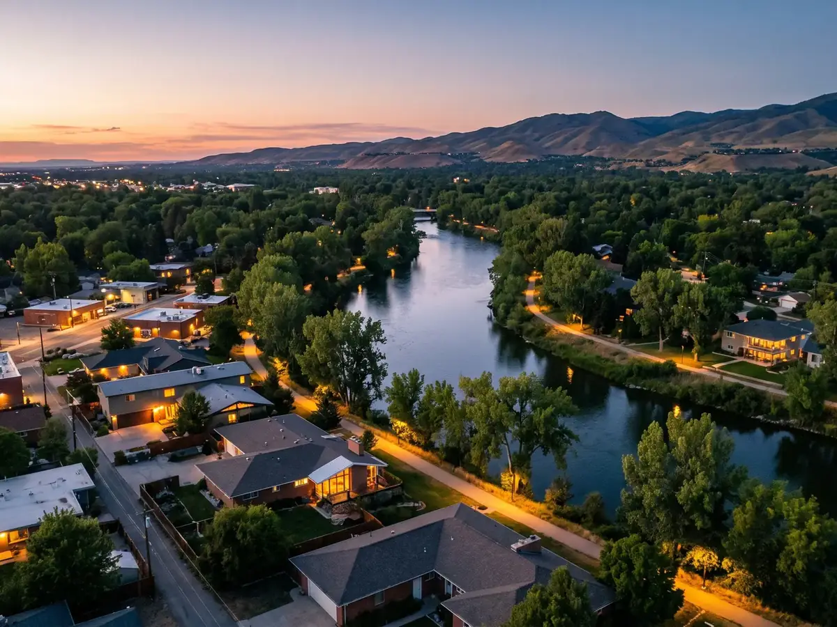 Garden City homes along the Boise River at dusk