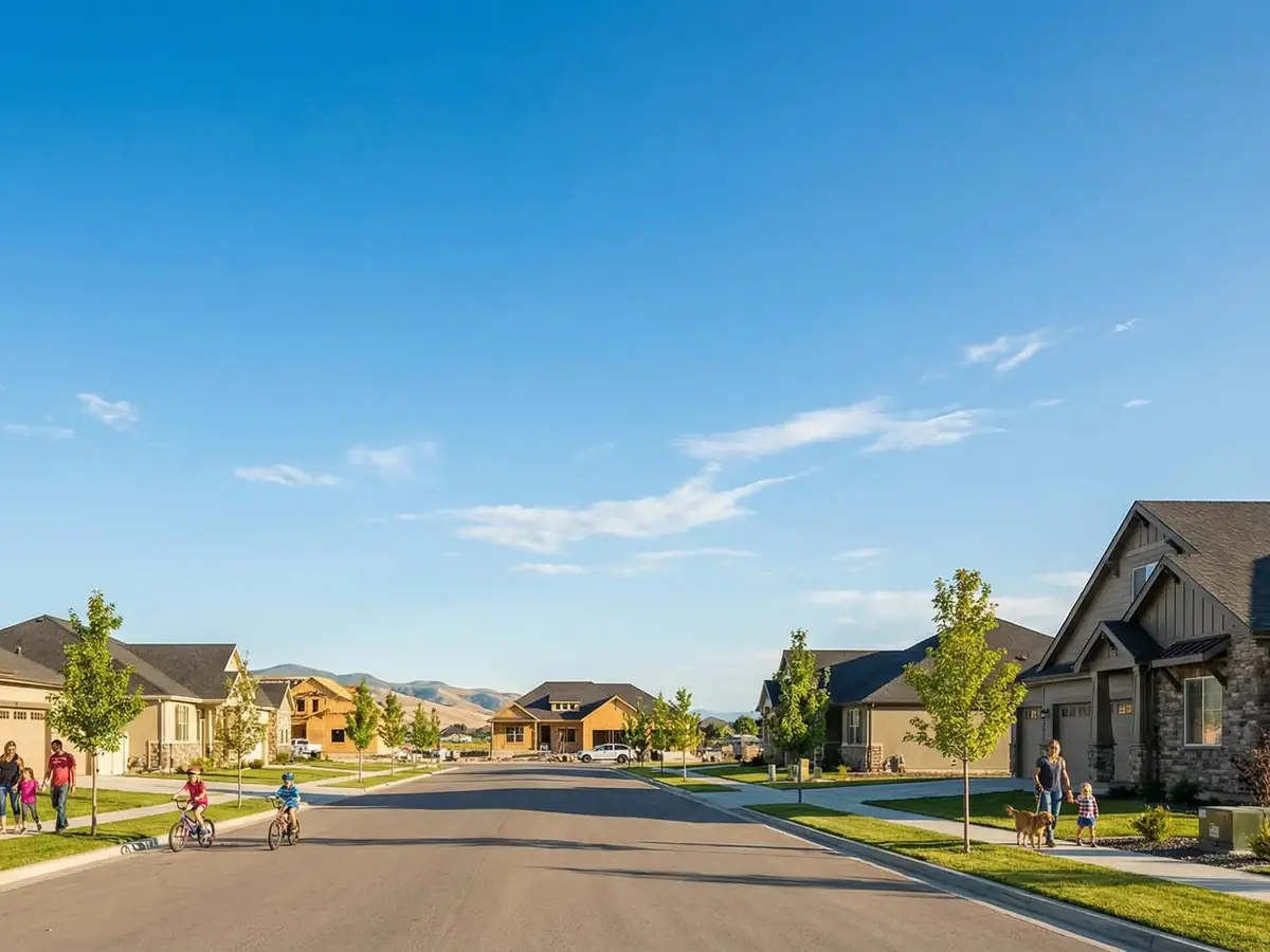 A North Meridian street of newer homes, with the foothills behind