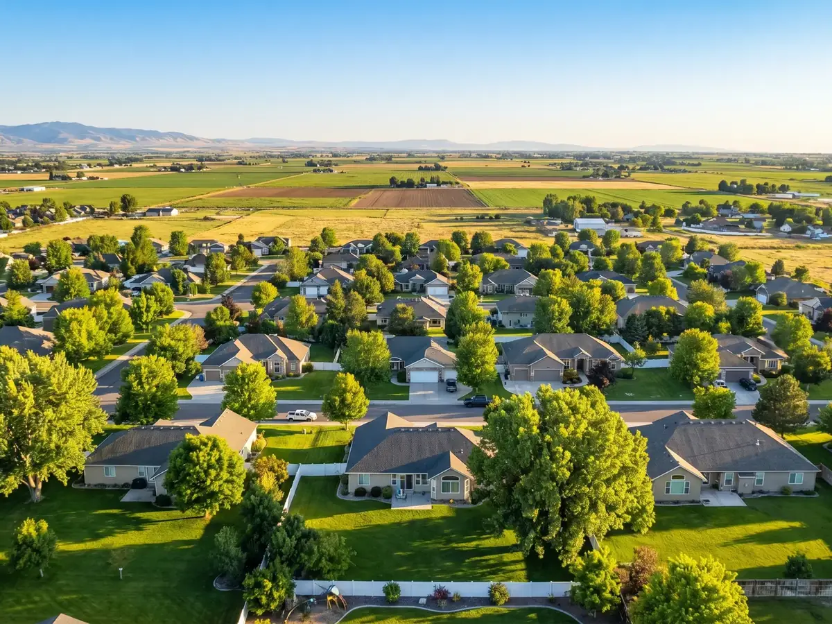Aerial view of a Nampa subdivision bordered by farmland
