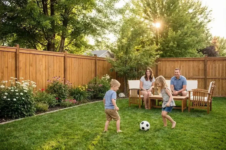 A family playing in their protected backyard