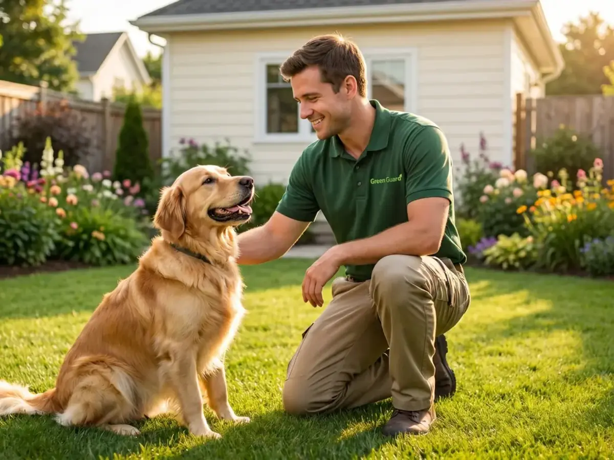 Green Guard technician with a friendly golden retriever in a Treasure Valley backyard