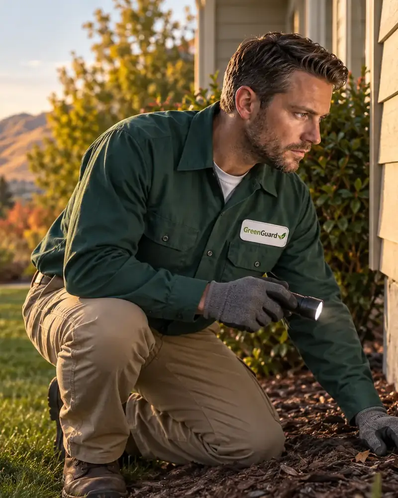 A Green Guard technician kneels to inspect a home's foundation in golden-hour light