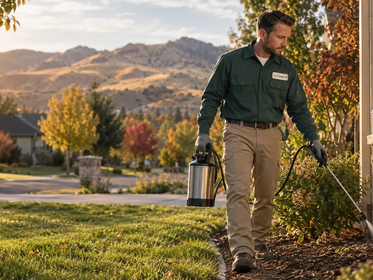 A Green Guard technician at work on a Treasure Valley home's perimeter