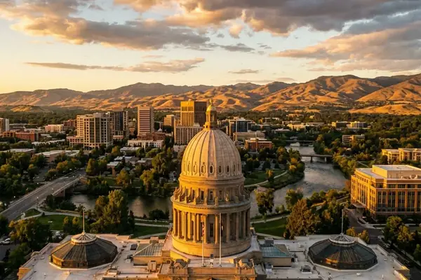 The Idaho State Capitol and downtown Boise at golden hour, with the foothills behind
