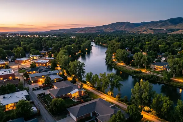Garden City homes along the Boise River at dusk