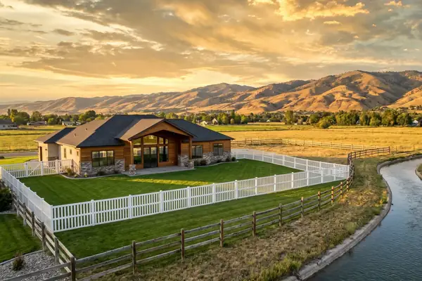 A Star home with a white fence beside an irrigation canal at golden hour