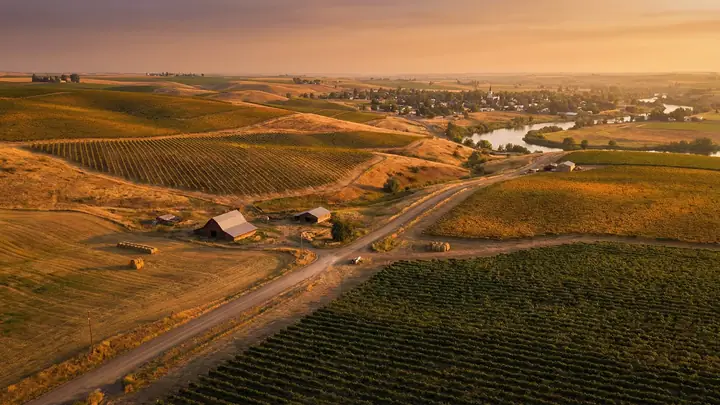 Canyon County farmland and a small town at golden hour
