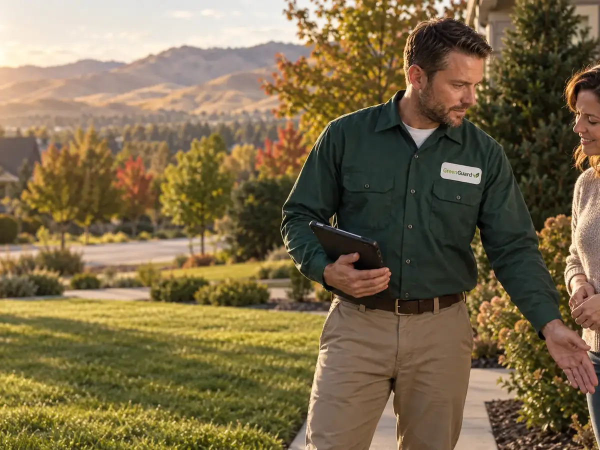 A Green Guard technician answers a homeowner's questions beside her home
