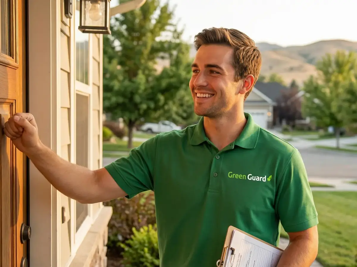 A Green Guard rep knocks on a front door in a Treasure Valley neighborhood, holding a clipboard