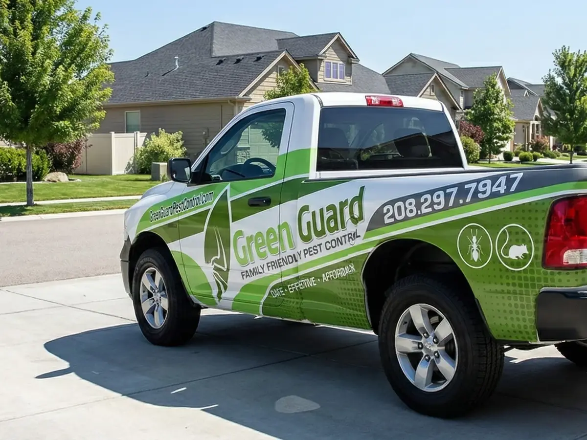 Green Guard pest control service truck parked in a Treasure Valley neighborhood