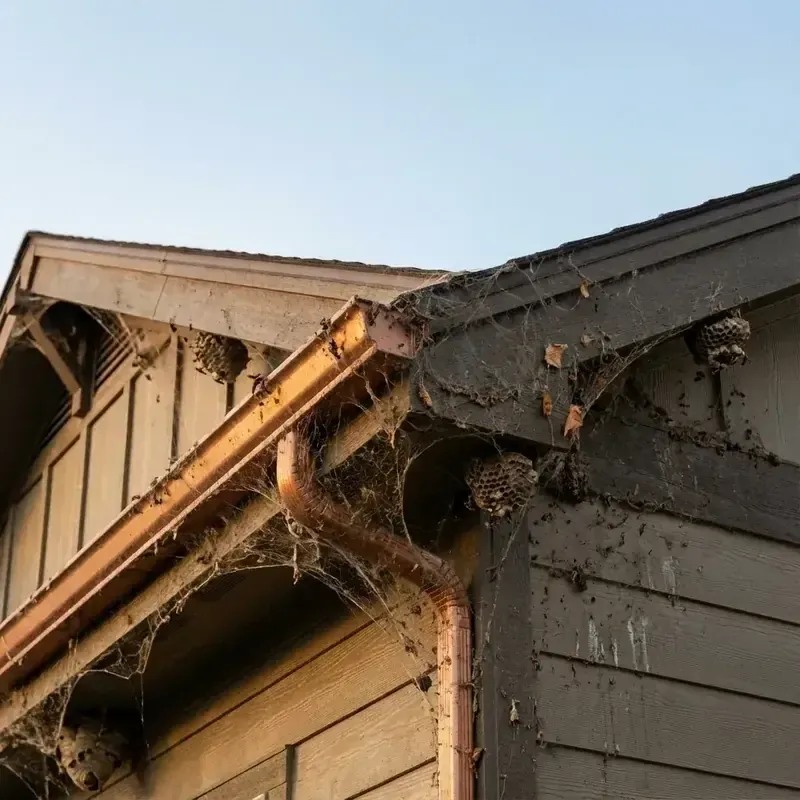 Home eaves in Boise with heavy spider webbing and nests before treatment