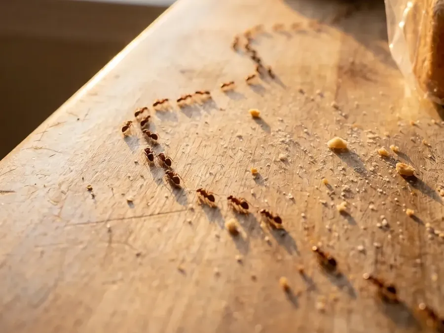A trail of small ants crossing a kitchen counter near crumbs