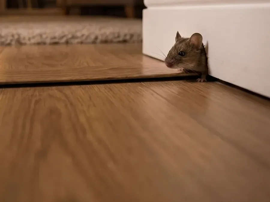 A house mouse peeking out from a gap by the baseboard